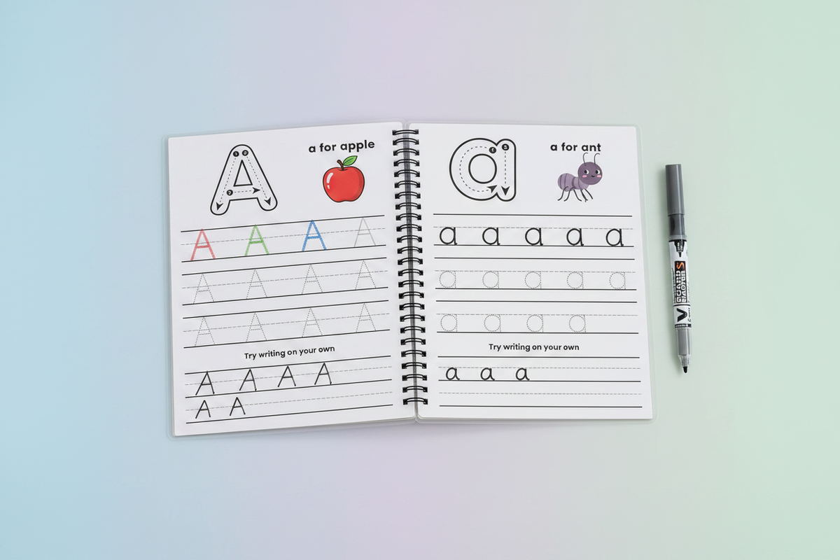 Flat lay workbook and marker
