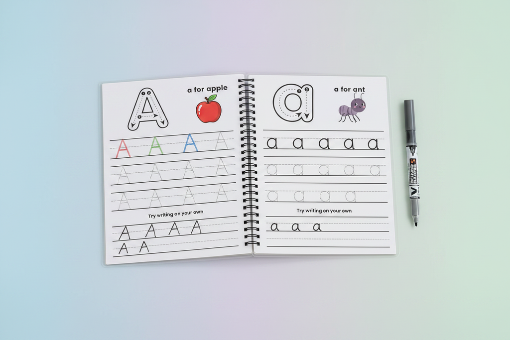 Flat lay workbook and marker