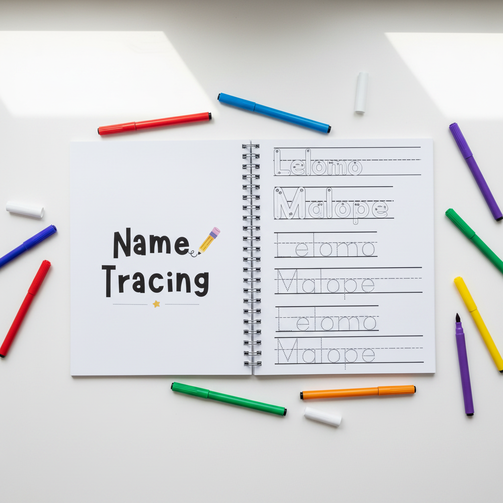 Overhead Flat Lay Name Tracing Workbook - Lelomo & Malope